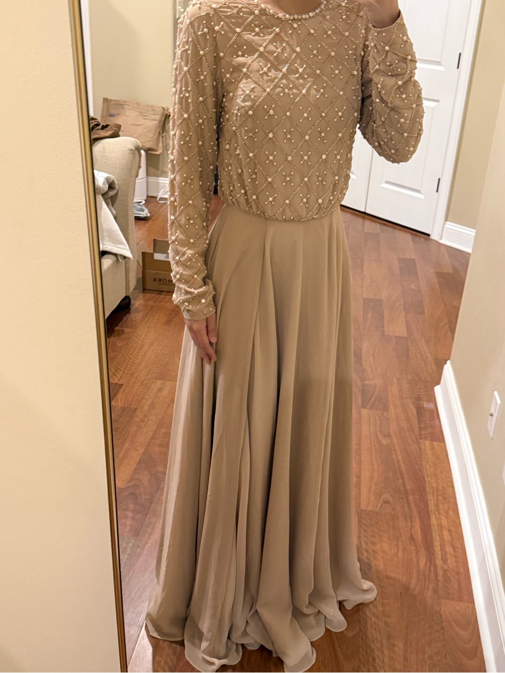 Beaded Long Sleeve Chiffon Maxi Dress